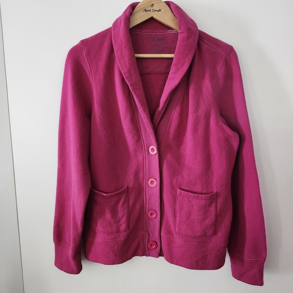 L.L. BEAN Women's Large Pink Fuchsia Cardigan Sweater‎ Cotton Blend w/ Pockets